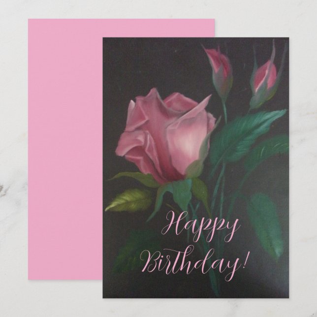 Carte Pink Rose n Rosebuds Flat Greeting Card (Devant / Derrière)