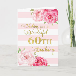 Carte Pink Stripes and Flowers Heureux 60e Anniversaire 