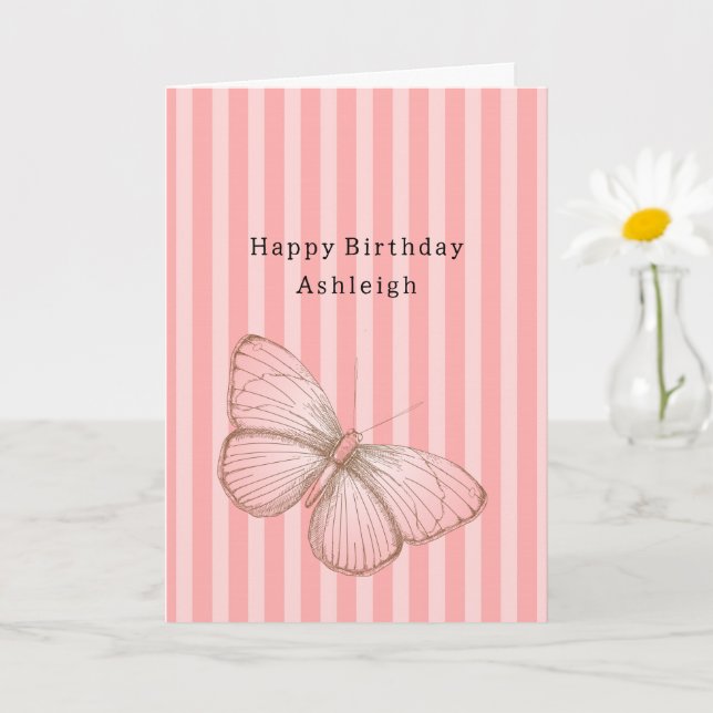 Carte Pink Stripes with Butterfly Birthday (Petite plante)
