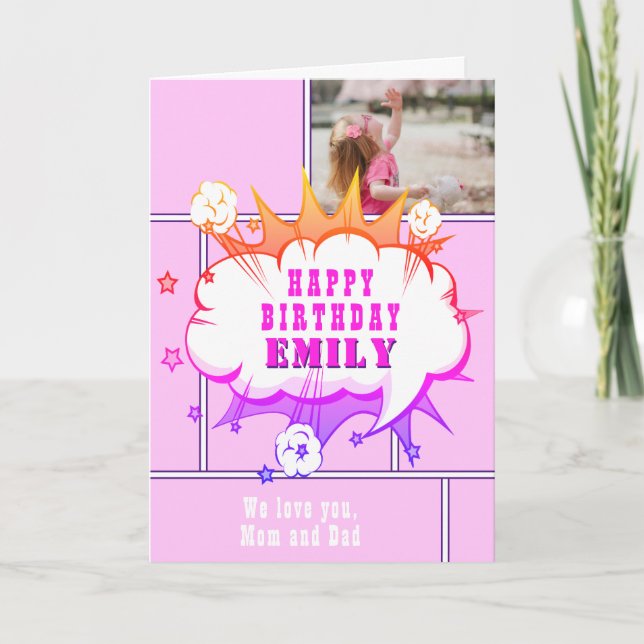 Carte Pink Superhero Comic Discours Bubble Girl Annivers (Devant)