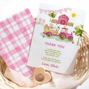 Carte Pink tracteur animaux de ferme anniversaire merci