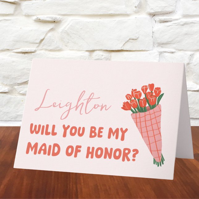 Carte Pink Tulip Serez-vous ma servante d'honneur Propos (Make your MOH proposal extra special with this chic, customizable floral card—cute and trendy!)