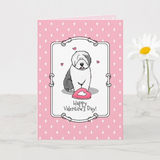 Carte Pink Valentine Old English Chien à chiens gris 1 F (Petite plante)