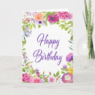 Carte Pink violet été Floral Joyeux anniversaire