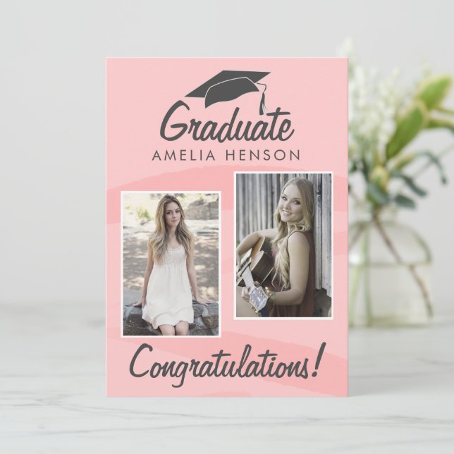 Carte Pink Watercolor Graduate Félicitations 2 Photo (Debout devant)