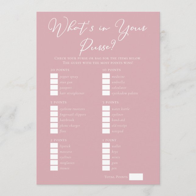 Carte Pink What's in Your Purse Bridal Shower Game (Devant)