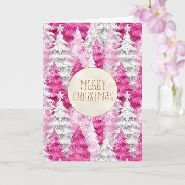 Carte Pink White Noël Arbres Parties scintillant or (Orchidée)