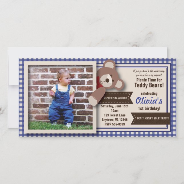 Carte Pique-nique Teddy Bear Anniversaire -En vichy Bleu (Devant)