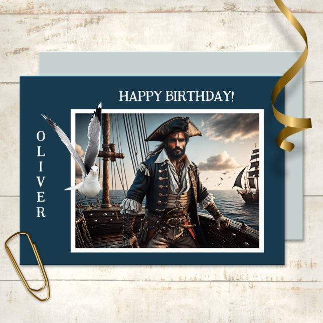 Carte Pirate Ocean Seagull Amusants Anniversaire (Birthday card featuring a retro image of a pirate on a clipper with a cute seagull.)