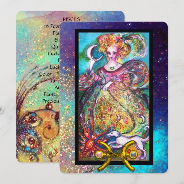 CARTE PISCES, LUNE DAME, ASTROLOGIE TAROTE ZODIAC ANNIVE (Devant / Derrière)