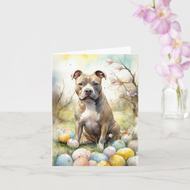 Carte Pitbull Chien avec des oeufs de Pâques vacances (Orchidée)