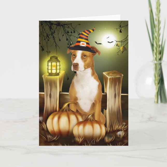 Carte Pitbull Chien avec sorcière Casquette Halloween (Devant)