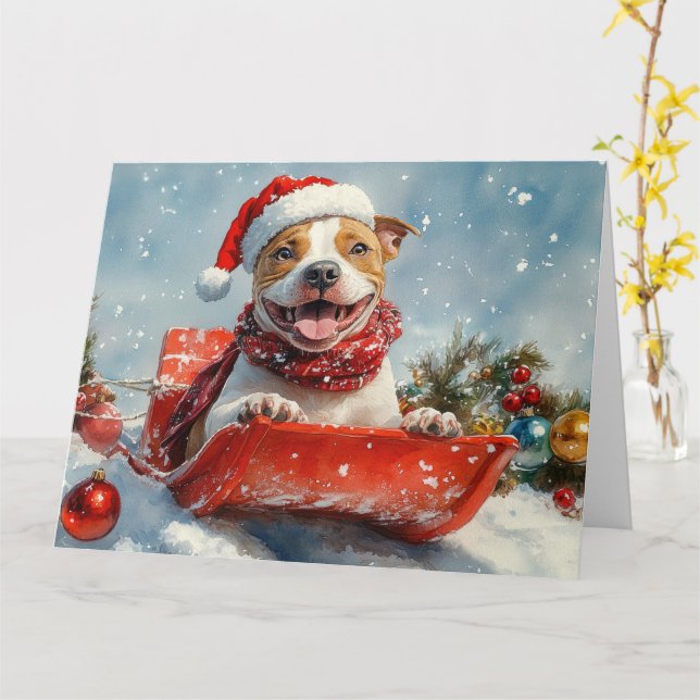 Carte Pitbull Chien dans la boue Laisser il neige Noël (Fleur jaune)