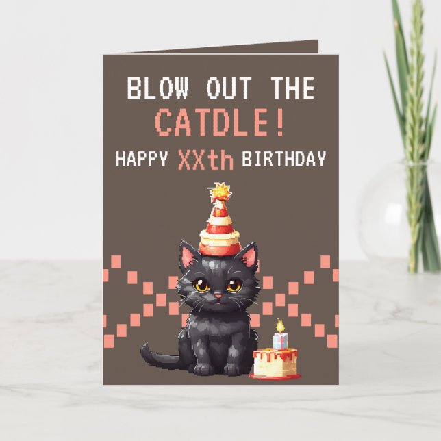 Carte Pixel Pink & Brown Cat Cake Gamer Anniversaire (Devant)