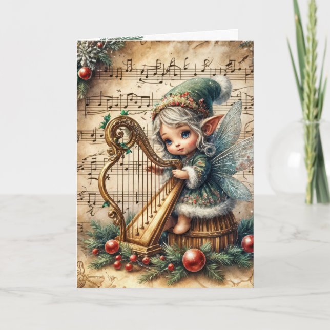Carte Pixie Fairy de Noël Jouer une harpe (Devant)