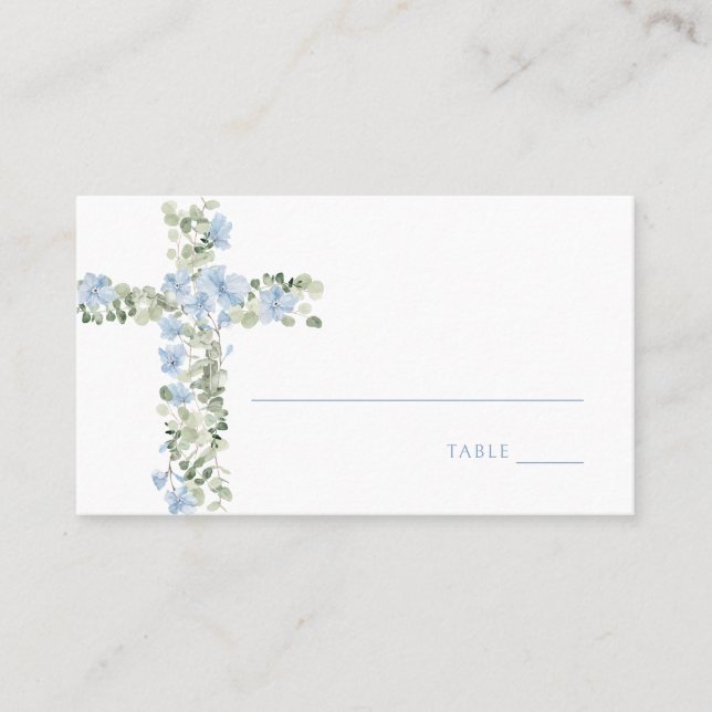 Carte Place Baptême Boy Cross Floral Bleu (Devant)