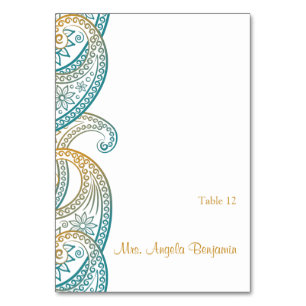 Carte Place Mariage turquoise et Gold Indian Paisl