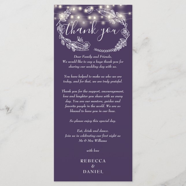 Carte Place Merci Floral avec cordon violet (Devant)