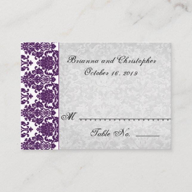 Carte Place Table violet et argent - Mariage (Devant)