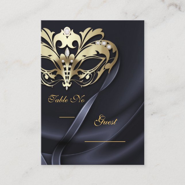 Carte PlaceCard en or Mascarade en noir (Devant)
