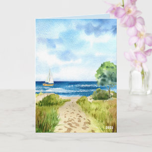 Carte Plage côtière Ocean Scène avec bateau à voile Shor