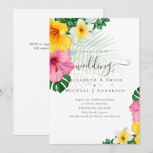Carte Plage de Paradise Tropical Mariage Florales vibran (Devant / Derrière)