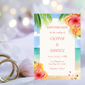 Carte Plage d'île tropicale Fleurs Mariage Enregistrer l