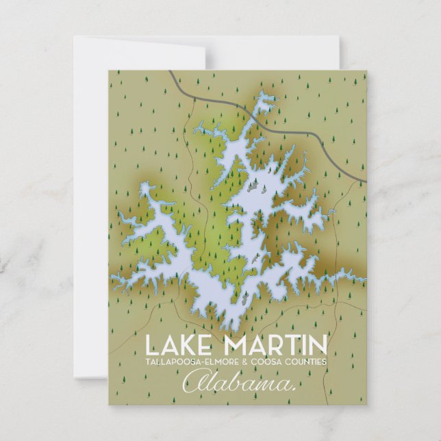 Carte Plan de l'affiche de voyage du lac Martin Alabama. (Devant)