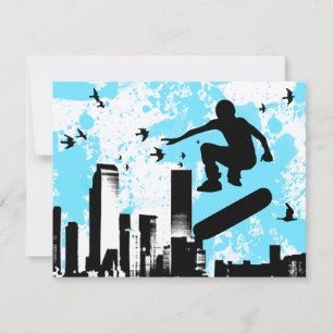 Carte planche à roulettes avec oiseaux : paysage urbain