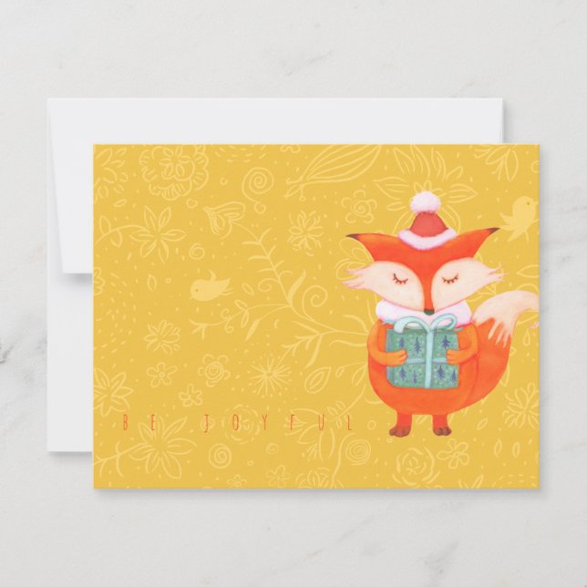 Carte plat avec renard mignon offrant un cadeau xm (Devant)