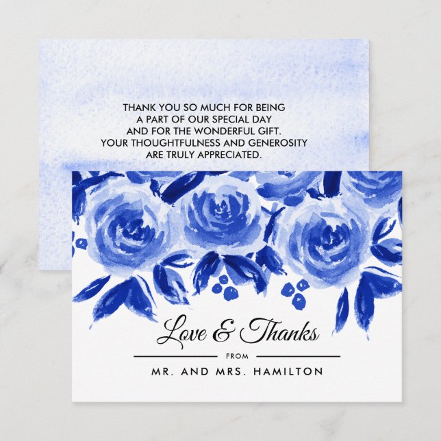 Carte Plat Mariage Merci d'aquarelle bleu (Devant / Derrière)