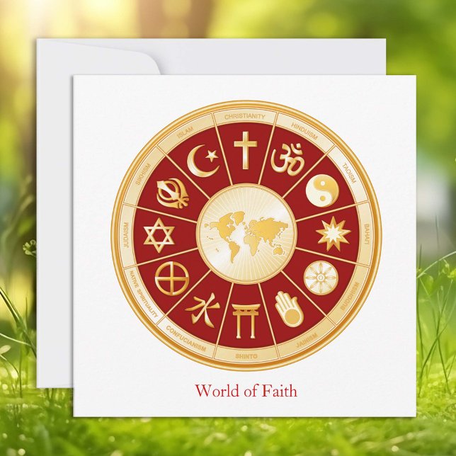 Carte plat World of Faith 5,25" x 5,25" (World of Faith Flat Card.
Gold symbols of international religions surround a world map. )
