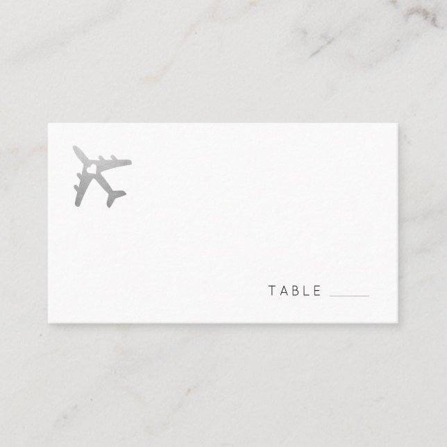 Carte plate à thème de voyage en argent avec avion (Devant)