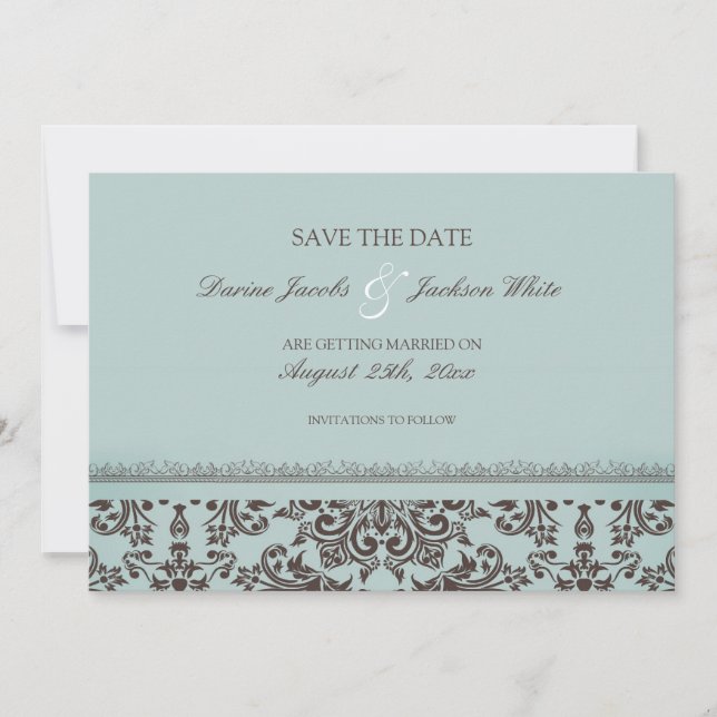 Carte plate damassée pour mariage "Sauver la date" (Devant)