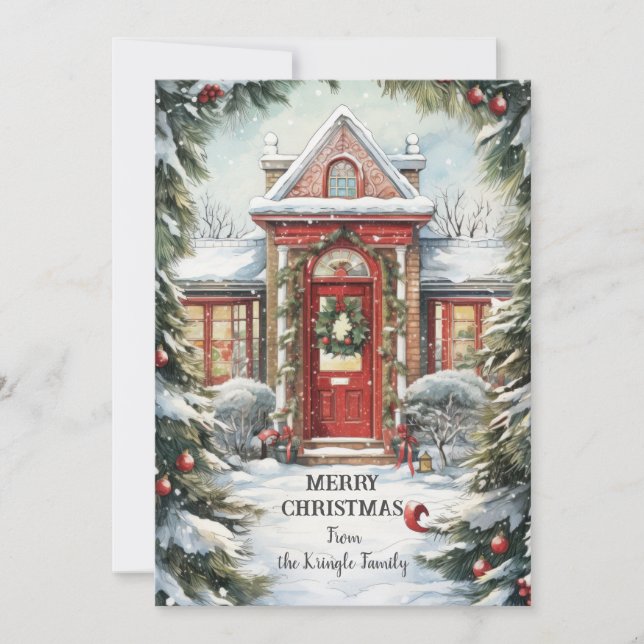 Carte plate de Noël avec l'art de la porte rouge d (Devant)
