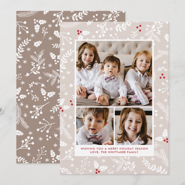 Carte plate de vacances de Noël avec baies d'hiver (Devant / Derrière)