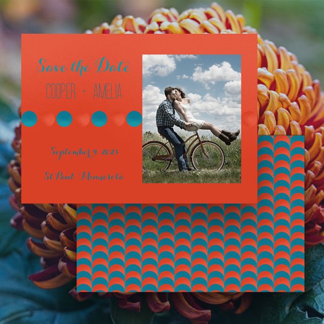 Carte plate Orange et sarcelle Enregistrez la date (Burnt Orange and Teal Save the Date horizontal flat card with your photo)