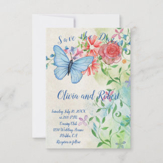 Carte plate papillon aquarelle et rose rouge