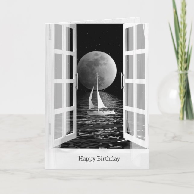 Carte Pleine lune et voilier sur l'océan pour un anniver (Devant)