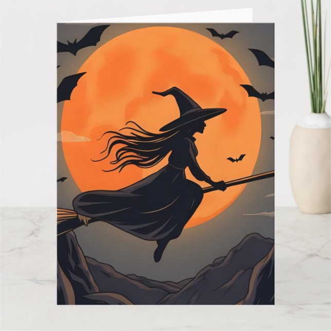 Carte Pleine lune orange sorcière éffrayante (Devant)
