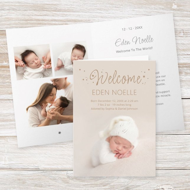 Carte pliée Brown moderne Stars Faire-part de nais (Modern, elegant brown calligraphy "Welcome" with stars birth announcement folded photo collage card.)