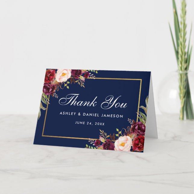 Carte pliée de remerciement de mariage floral bord (Devant)