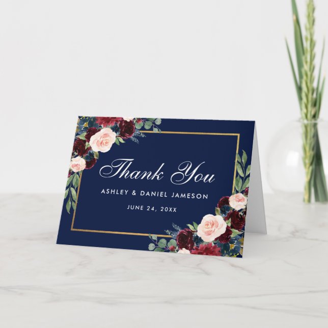 Carte pliée de remerciement de mariage floral Bour (Devant)