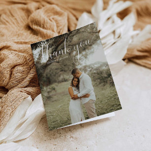 Carte pliée en Merci Mariage photo en blanc Script