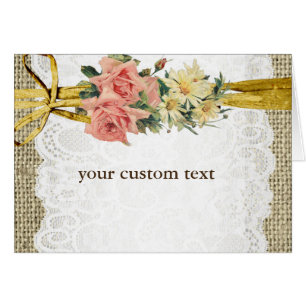 Carte pliée florale en toile de jute et dentelle R