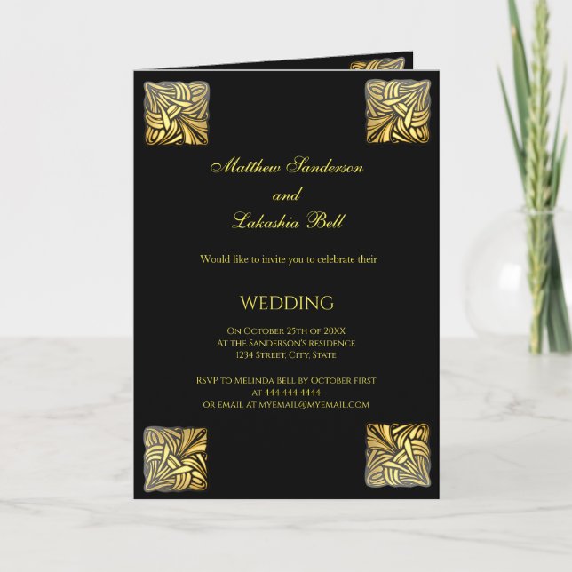 Carte pliée mariage Black Gold avec menu (Devant)