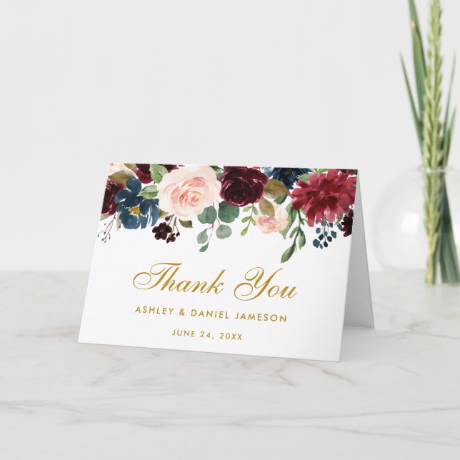 Carte pliée remerciement mariage or bleu burgundy  (Devant)