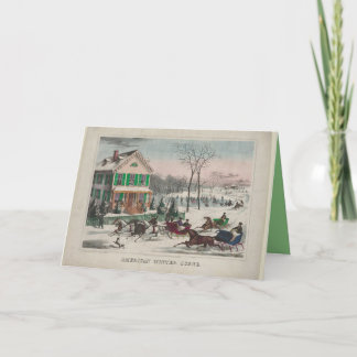 Carte pliée scène hivernale vintage, chevaux, traî