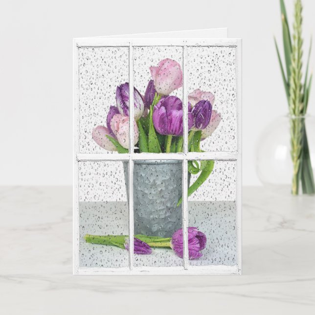 Carte pluie à la fenêtre avec bouquet de tulipe (Devant)