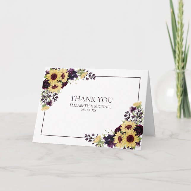Carte Plum Purple Tournesol Photo Mariage Thankyou (Devant)